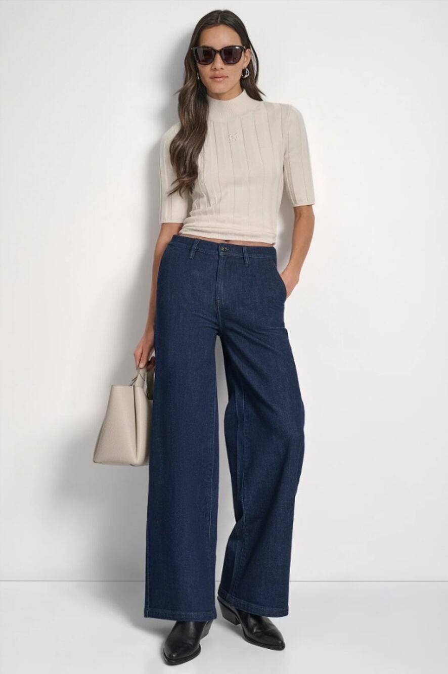 DKNY Women Lexington Denim Wide Leg High-Rise Tailored Trousers Petite Size 28P